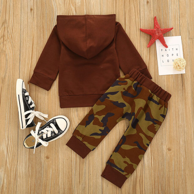 Plain Color Hoodie & Woodland Camouflage Print Pants Long Sleeve Outfit - Image 2
