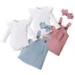 Plain Color Suspender Dress with Ribbed Onesie Long Sleeve & Matching Ribbon Headband