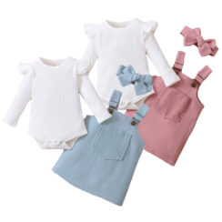 Plain Color Suspender Dress with Ribbed Onesie Long Sleeve & Matching Ribbon Headband