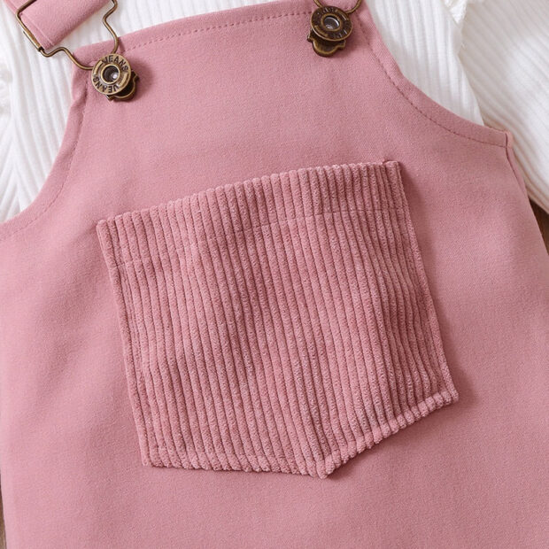 Plain Color Suspender Dress with Ribbed Onesie Long Sleeve & Matching Ribbon Headband - Image 3