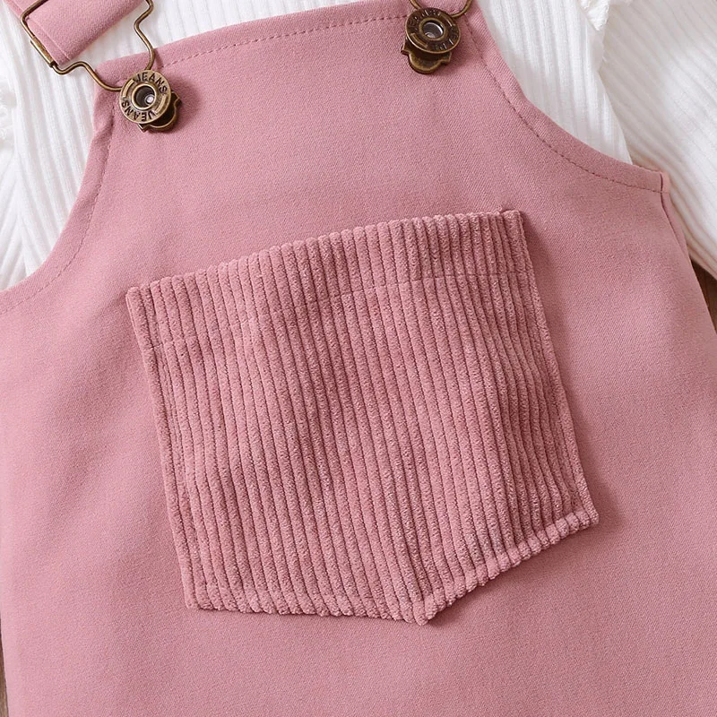 Plain Color Suspender Dress with Ribbed Onesie Long Sleeve & Matching Ribbon Headband - Image 3
