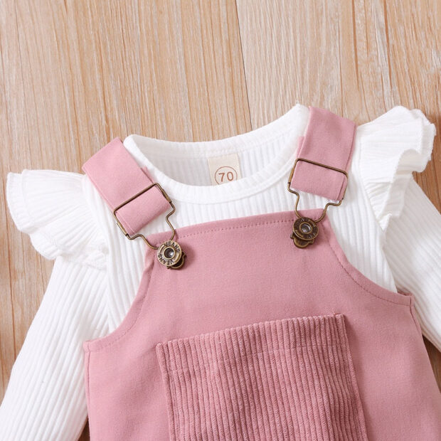 Plain Color Suspender Dress with Ribbed Onesie Long Sleeve & Matching Ribbon Headband - Image 2