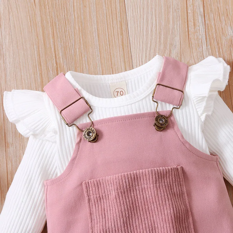 Plain Color Suspender Dress with Ribbed Onesie Long Sleeve & Matching Ribbon Headband - Image 2