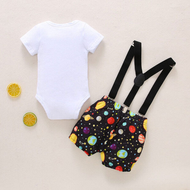 Planetary Pattern One Year Old Print Onesie & Elastic Shorts Short Sleeve with Bow Tie & Braces - Image 2