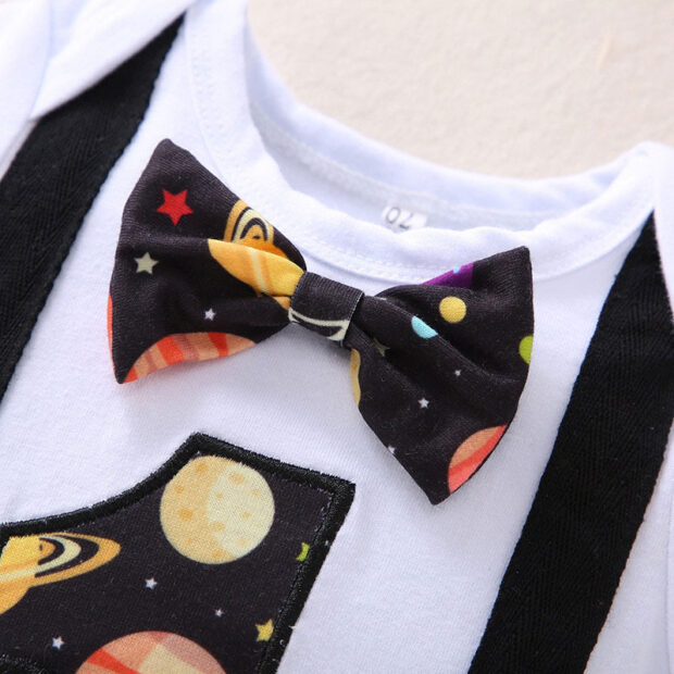 Planetary Pattern One Year Old Print Onesie & Elastic Shorts Short Sleeve with Bow Tie & Braces - Image 3
