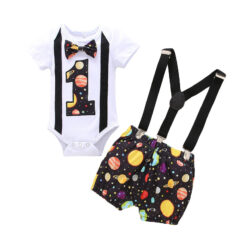 Planetary Pattern One Year Old Print Onesie & Elastic Shorts Short Sleeve with Bow Tie & Braces