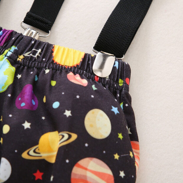 Planetary Pattern One Year Old Print Onesie & Elastic Shorts Short Sleeve with Bow Tie & Braces - Image 5