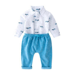 Baby Boy's Polka Dot Collar Shirt Bodysuit Long Sleeve Animal Puppy Pattern and Corduroy Ribbon Pants