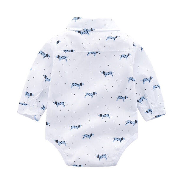Baby Boy's Polka Dot Collar Shirt Bodysuit Long Sleeve Animal Puppy Pattern and Corduroy Ribbon Pants - Image 3