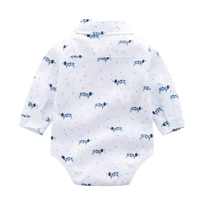 Baby Boy's Polka Dot Collar Shirt Bodysuit Long Sleeve Animal Puppy Pattern and Corduroy Ribbon Pants - Image 3