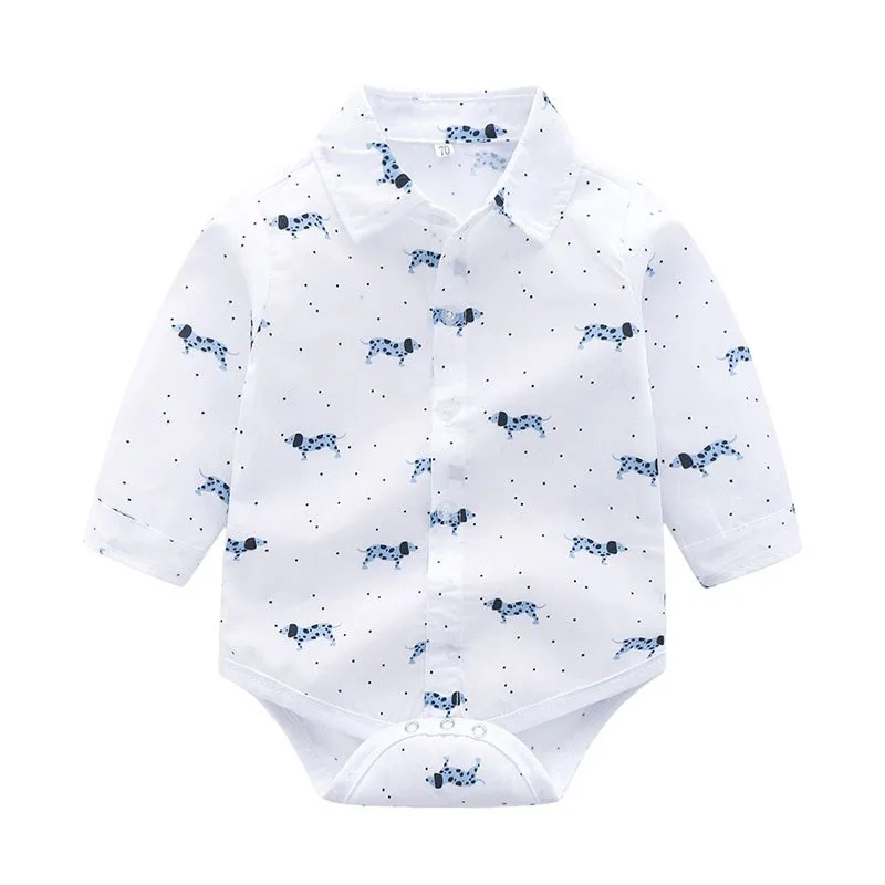 Baby Boy's Polka Dot Collar Shirt Bodysuit Long Sleeve Animal Puppy Pattern and Corduroy Ribbon Pants - Image 2