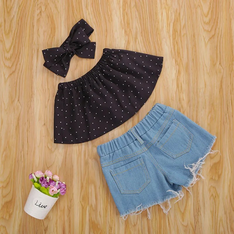 Baby Girl Polka Dot Crop Top & Ripped Denim Jean Shorts & Ribbon Headband 3 pcs - Image 2