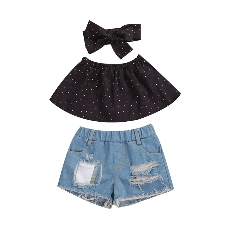 Baby Girl Polka Dot Crop Top & Ripped Denim Jean Shorts & Ribbon Headband 3 pcs