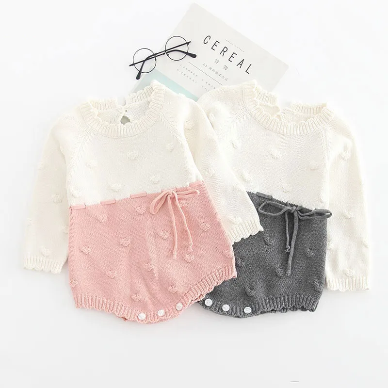 Long Sleeves Polka Dot Ribbon Knot Knitted Sweater Bodysuit