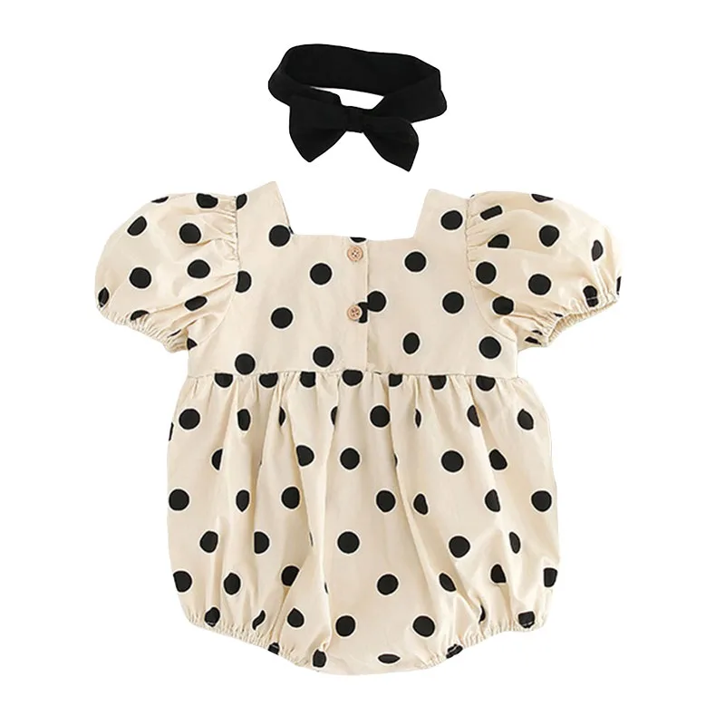 Black Polka Dot Loose Fit Romper Short Sleeve with Ribbon Headband - Image 2