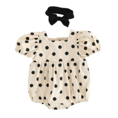 Black Polka Dot Loose Fit Romper Short Sleeve with Ribbon Headband