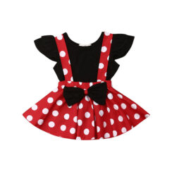 Baby Girl Polka Dot Suspender Ruffled Dress Ribbon, Solid Color T-Shirt Sleeveless 2 pcs Outfit