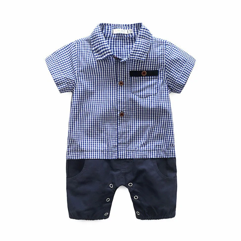 Baby Boys Check Folded Collar One Piece Short Sleeve Romper