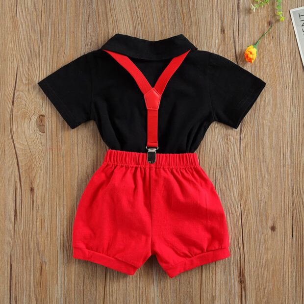 Black Polo Onesie & Red Shorts with Bow Tie & Braces Short Sleeve - Image 2