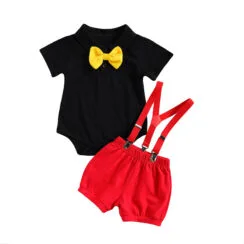 Black Polo Onesie & Red Shorts with Bow Tie & Braces Short Sleeve