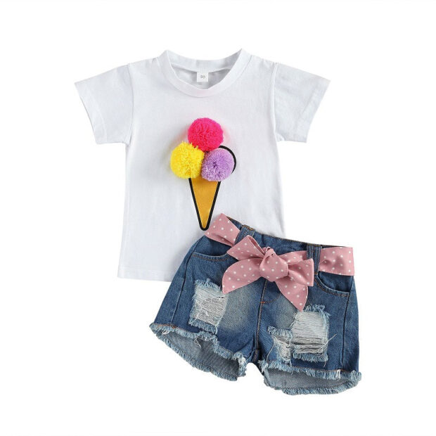 Pom Pom Ice Cream T-Shirt & Ripped Denim Shorts Short Sleeve Outfit