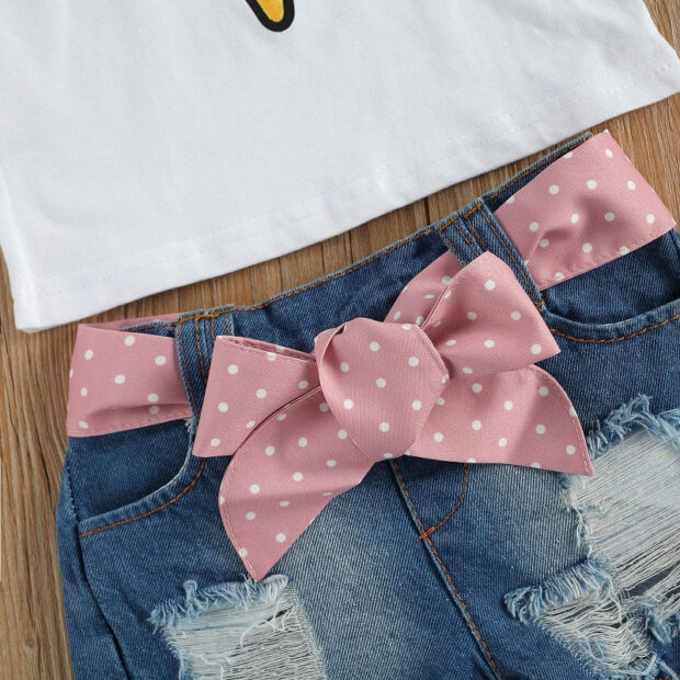 Pom Pom Ice Cream T-Shirt & Ripped Denim Shorts Short Sleeve Outfit - Image 5