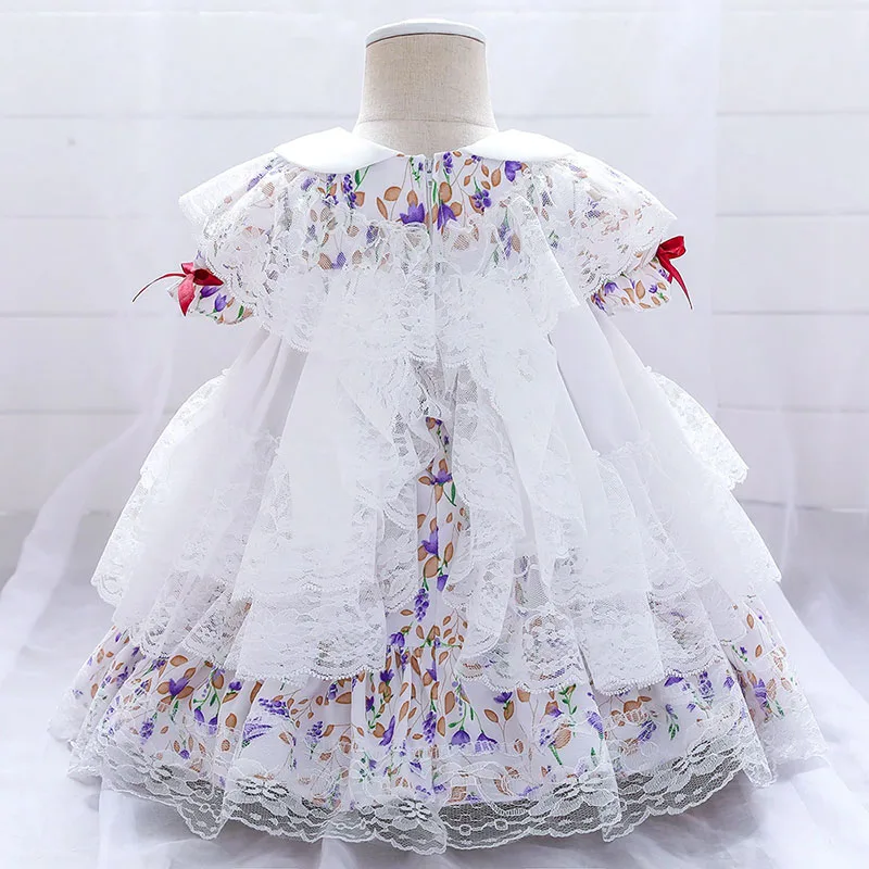 Princess Baptism Floral Wedding Lace Dress with Ribbons Short Sleeve - Image 2