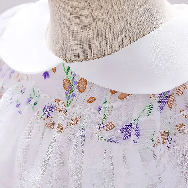 Princess Baptism Floral Wedding Lace Dress with Ribbons Short Sleeve - Image 3