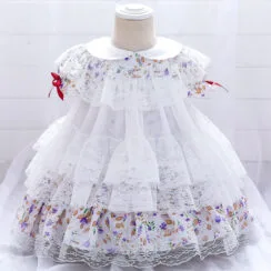 Princess Baptism Floral Wedding Lace Dress with Ribbons Short Sleeve