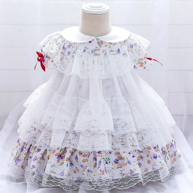 Princess Baptism Floral Wedding Lace Dress with Ribbons Short Sleeve