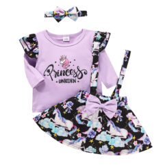 Princess Unicorn Suspender Skirt & Shirt with Matching Ribbon Headband Short Sleeve