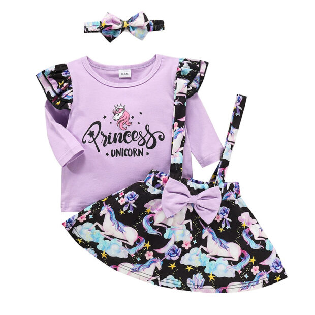 Princess Unicorn Suspender Skirt & Shirt with Matching Ribbon Headband Short Sleeve