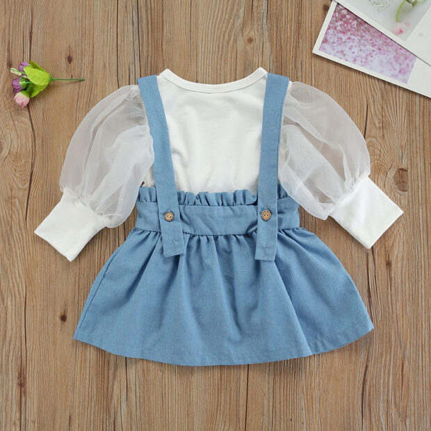 Puff Shoulder Plain Shirt Long Sleeve & Button Suspender Dress - Image 3