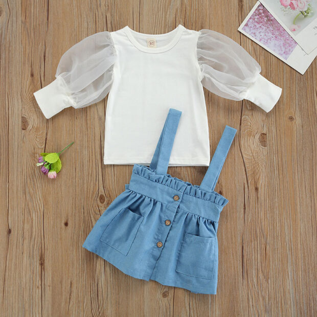 Puff Shoulder Plain Shirt Long Sleeve & Button Suspender Dress - Image 2
