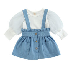 Puff Shoulder Plain Shirt Long Sleeve & Button Suspender Dress