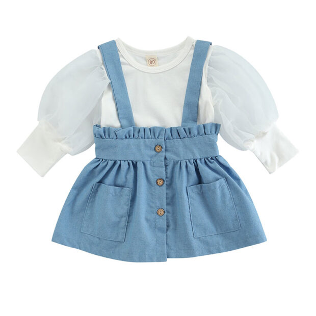 Puff Shoulder Plain Shirt Long Sleeve & Button Suspender Dress