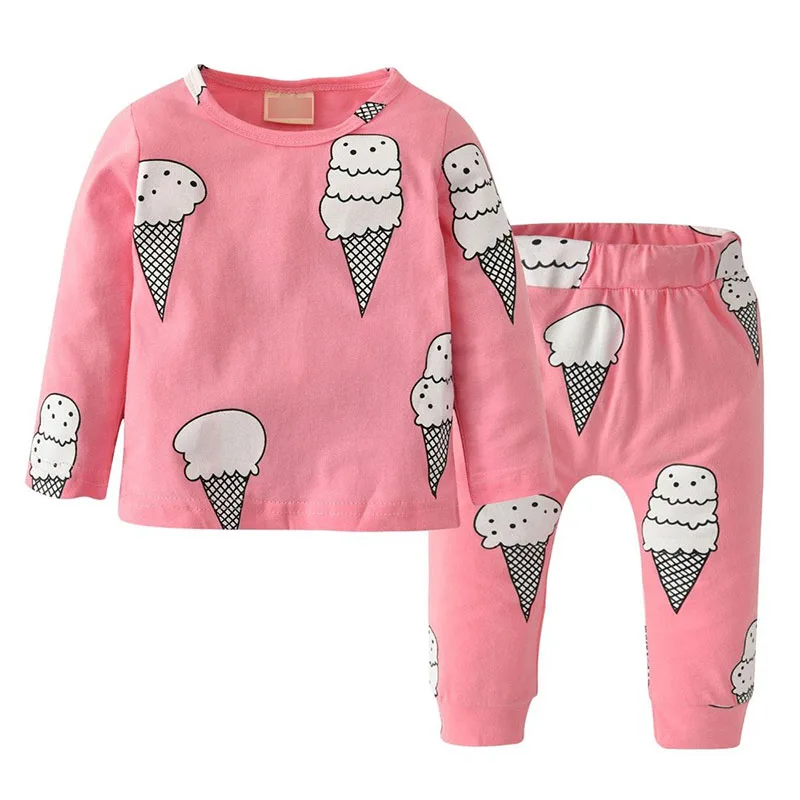 Baby Girl's Pullover Pajamas Shirt Long Sleeve Graphic Ice-Cream Patterned and Pants