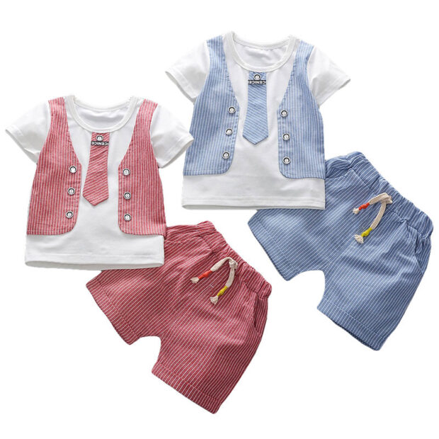 Pullover Top with Stripe Vest & Tie, Matching Pattern Shorts Short Sleeve Outfit