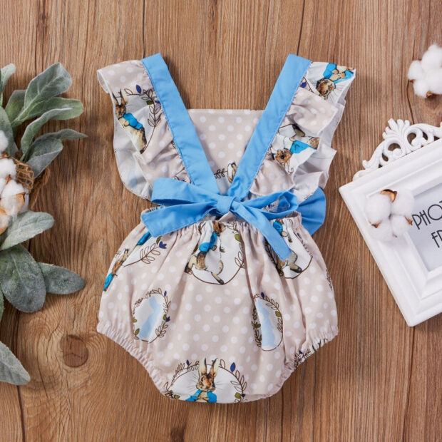 Rabbit Print Dotted Romper Open Ribbon Bow Back Sleeveless - Image 2
