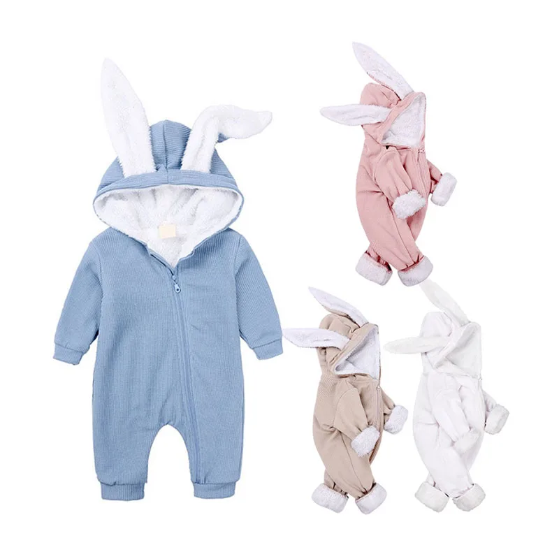 Rabbit Ear Fleece Hoodie Jumpsuit Zip  Up Outerwear Long Sleeve