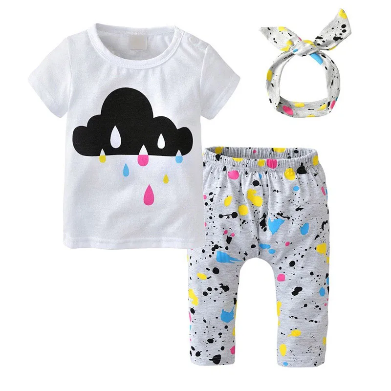 Baby 3 pcs Paint Splash Pattern Shirt, Pants, Ribbon Headband for Boys & Girls