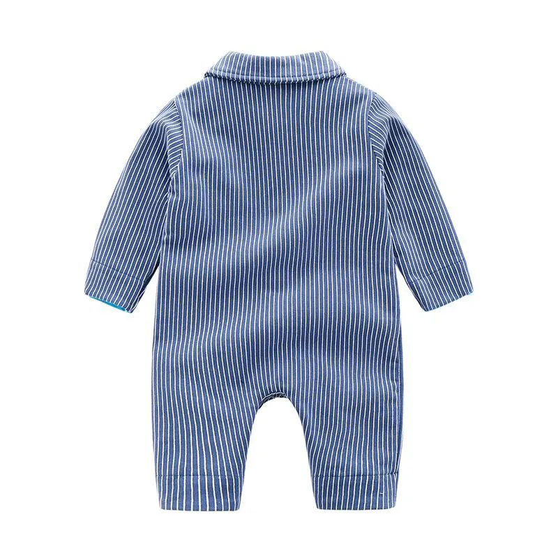 Long Sleeves Rainbow Button Striped Jumpsuit Bow Tie - Image 2