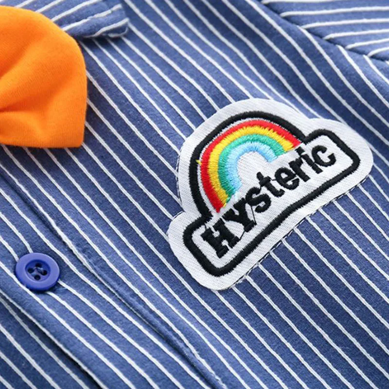 Long Sleeves Rainbow Button Striped Jumpsuit Bow Tie - Image 5