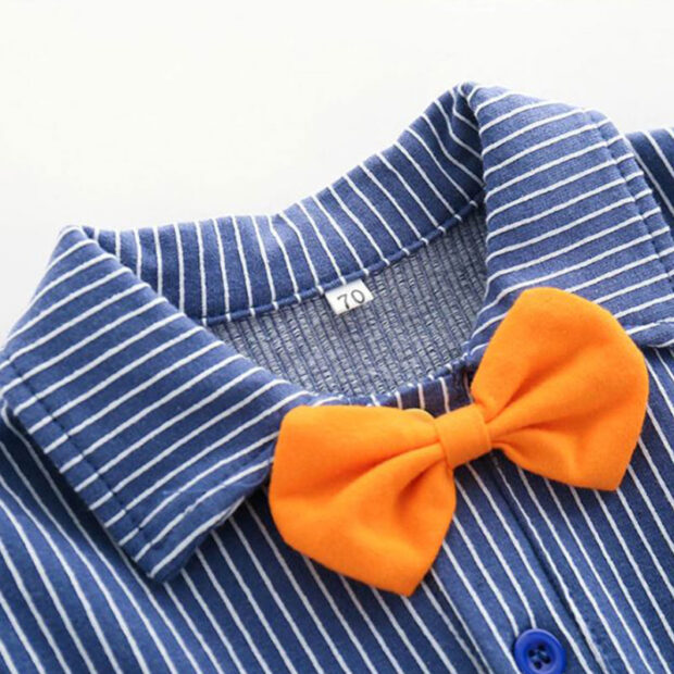 Long Sleeves Rainbow Button Striped Jumpsuit Bow Tie - Image 3