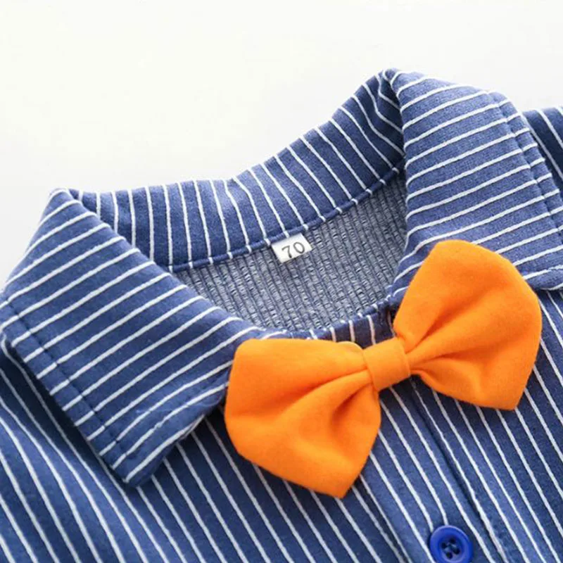 Long Sleeves Rainbow Button Striped Jumpsuit Bow Tie - Image 3