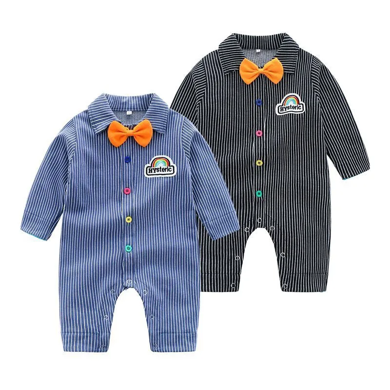 Long Sleeves Rainbow Button Striped Jumpsuit Bow Tie
