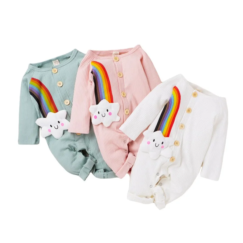 Rainbow Print Jumpsuit Ribbed Pattern Button Up Long Sleeve