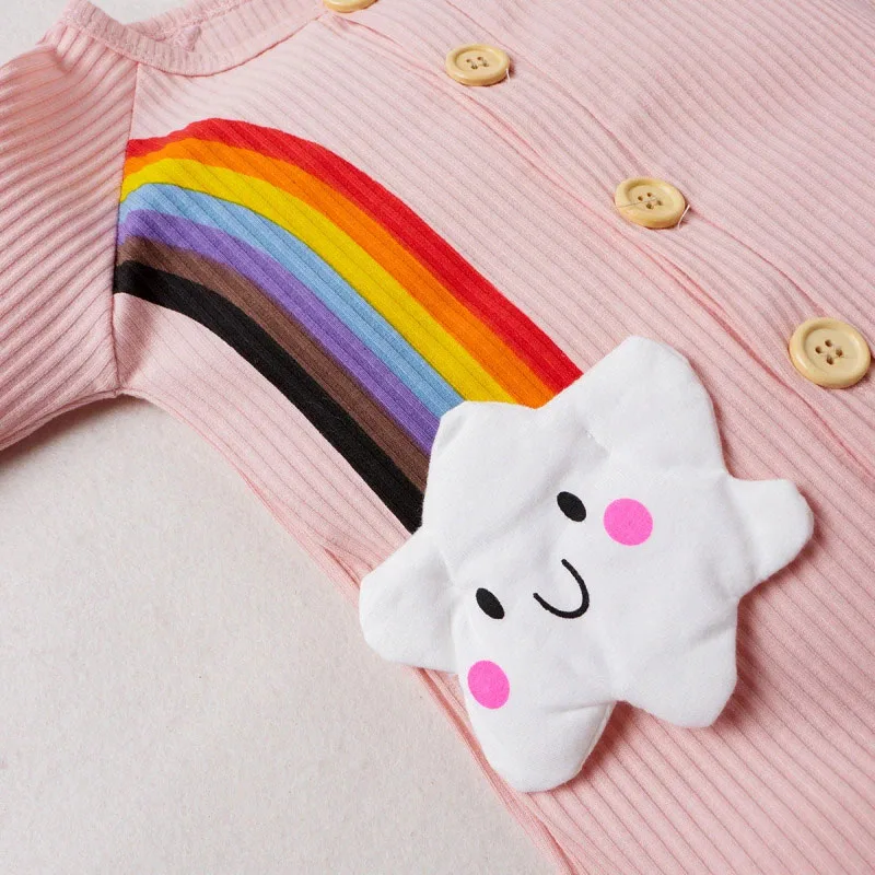 Rainbow Print Jumpsuit Ribbed Pattern Button Up Long Sleeve - Image 4