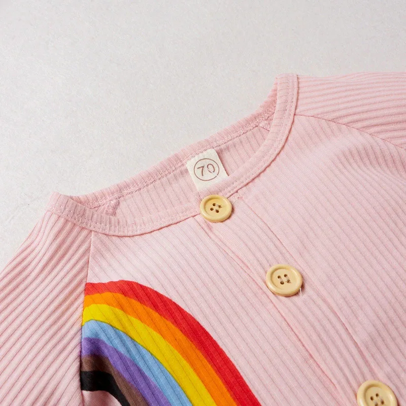 Rainbow Print Jumpsuit Ribbed Pattern Button Up Long Sleeve - Image 3