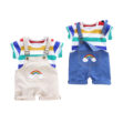 Rainbow Print Overalls & Colorful Stripe T-Shirt Short Sleeve